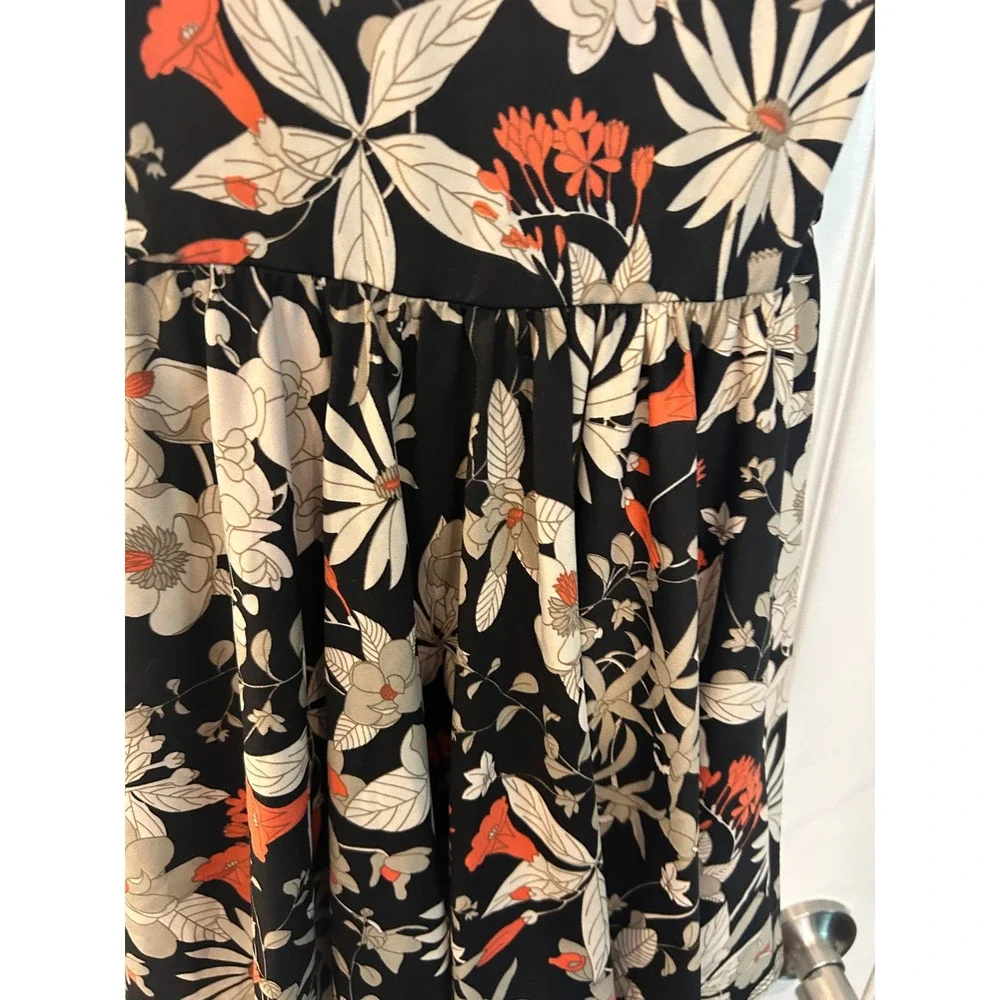 DotDotSmile Fit and Flare‎ Dress Black Orange Floral Puff Sleeve Twirl Dress 3/4